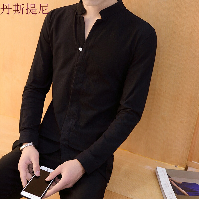 衬衫男长袖衬衣白色短袖春秋款七分袖亚麻韩版修身夏季休闲寸衫潮_6 4XL 黑色长袖