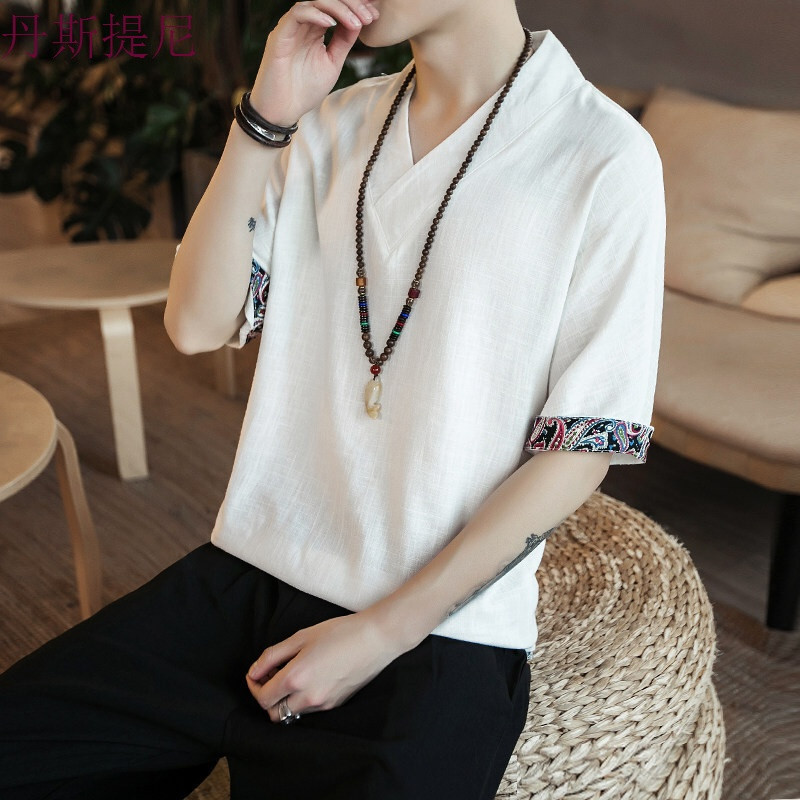 中国风夏季棉麻汉服上衣男亚麻唐装复古居士服禅修道服中式男_3_5 M T21白色