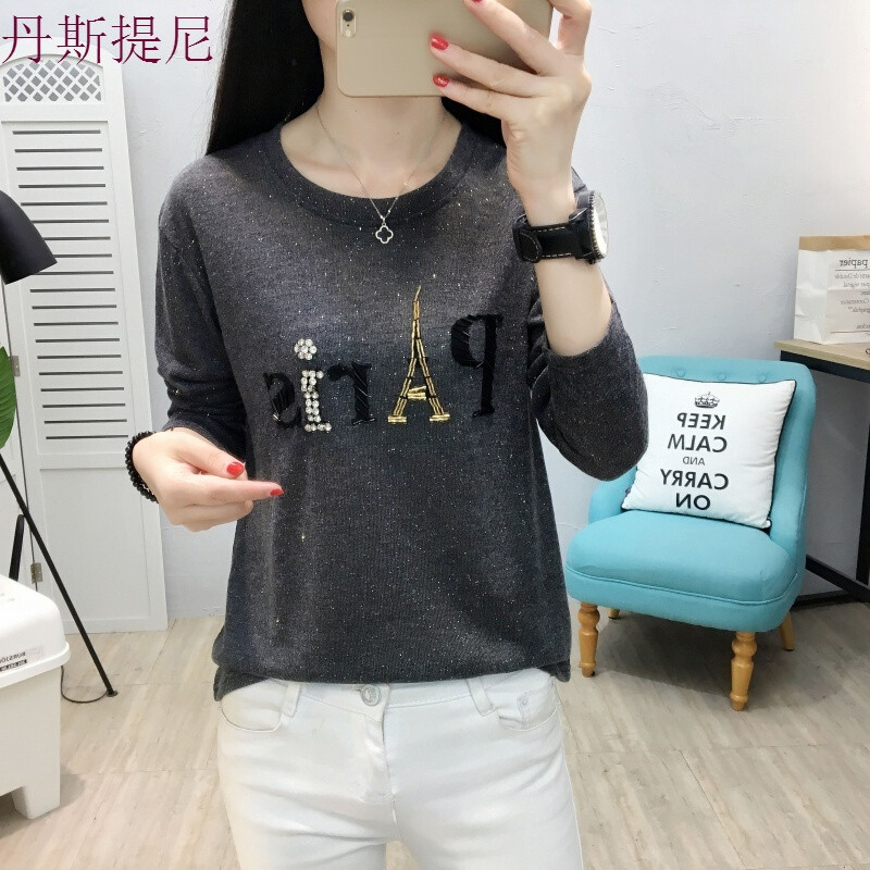 春秋装2018韩版长袖上衣服宽松显瘦秋衣女士外穿打底衫潮_5 L 黑色【PAris字母款】