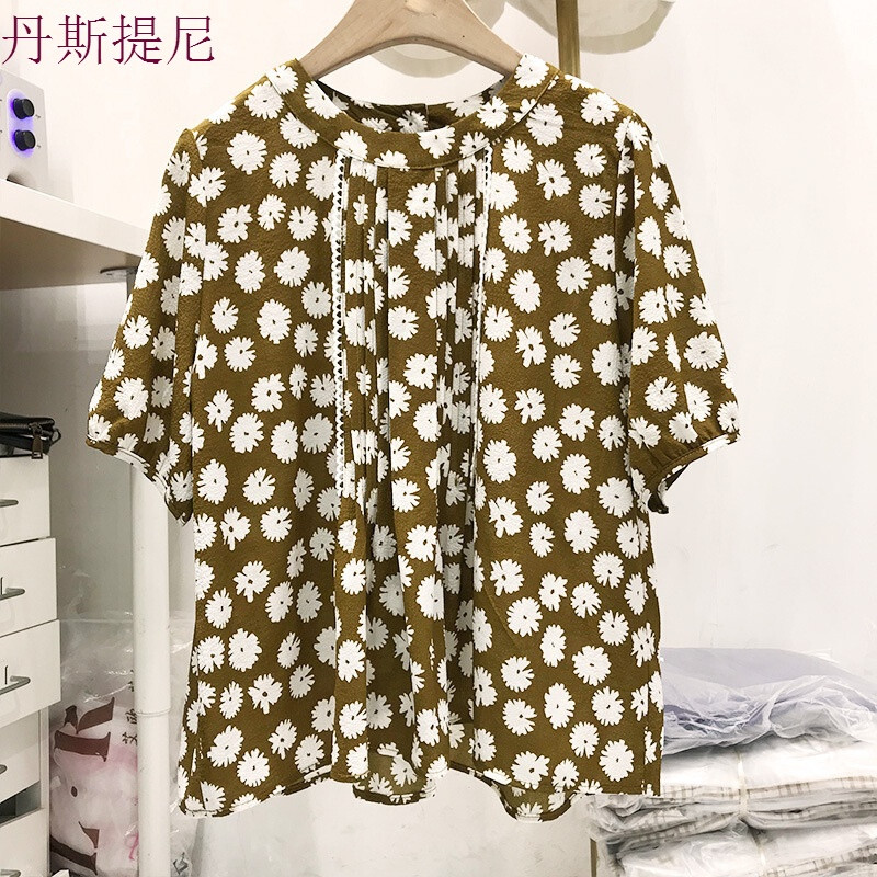 2018夏装新款碎花系带圆领套头短袖衬衫女韩范港味学生衬衣上衣服红色均码_4 默认尺寸 黄色