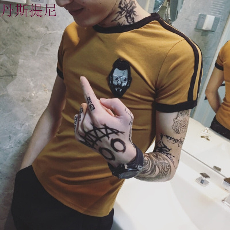 夏季韩版男士紧身半袖衣服短袖T恤潮男体桖型师社会潮流半截袖 3XL 603焦糖色