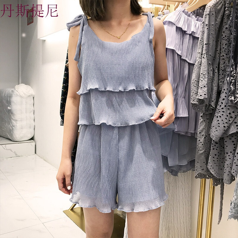 2018夏装新款荷叶边无袖带连体裤子休闲百搭阔腿短裤连衣裤女装浅蓝色均码 默认尺寸 浅蓝色