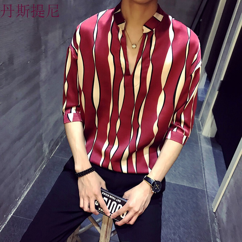 ins超火的型师个性潮流男帅气短袖T恤夜场服装衬衫衣服夜店男模 L 红色