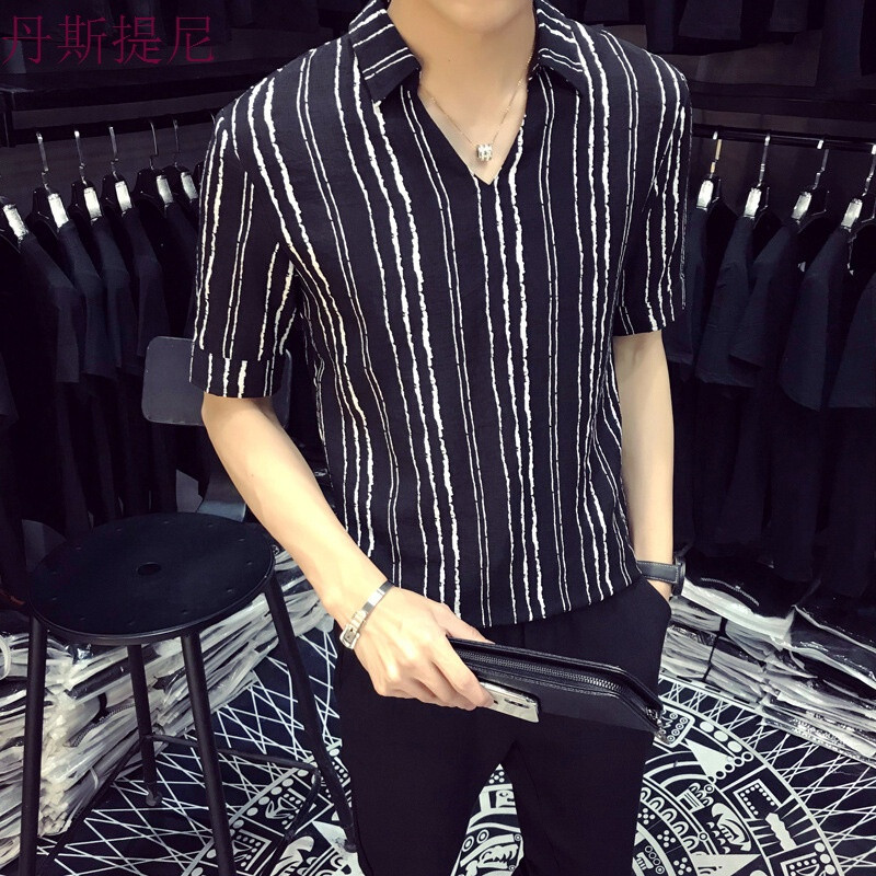 韩版潮夜场男士型师上衣服装理社会精神小伙网红男模帅气衬衫_1 XL 黑细条
