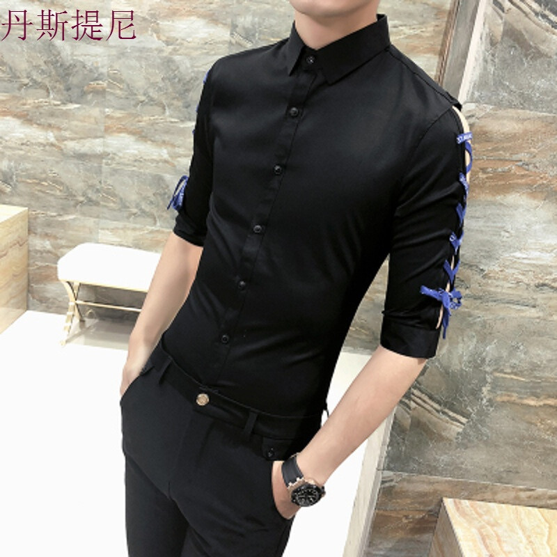 夏季韩版紧身型师衬衫衣潮男土5七分袖寸子半截袖上衣7分袖衬褂 L H320黑色