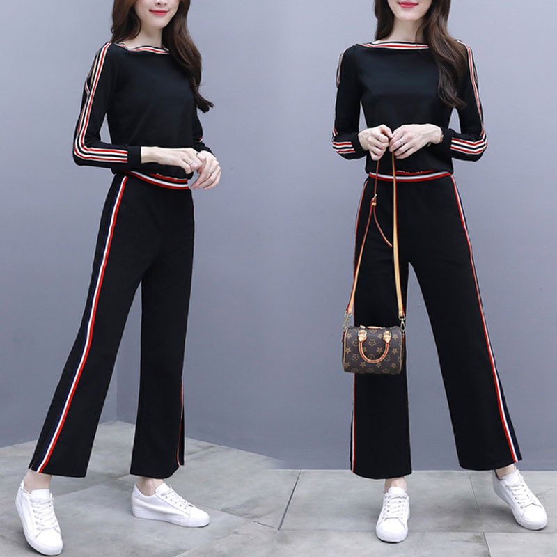 简妮薇(JIANNIWEI)运动服套装女士2018秋季新款韩版时尚显瘦长袖卫衣休闲阔腿裤两件套 2XL 黑色