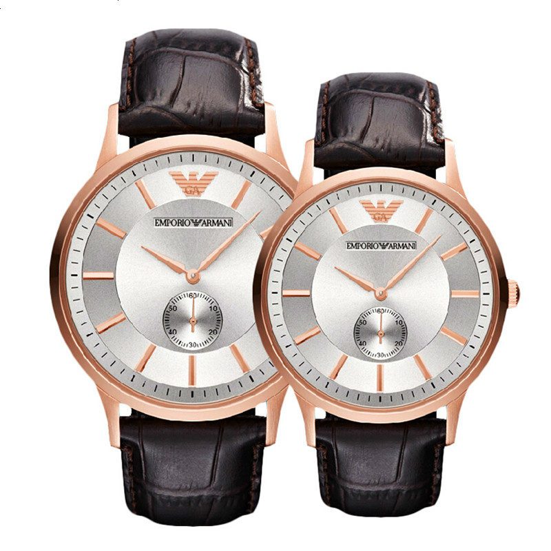阿玛尼(EMPORIO ARMANI)手表 真皮革 精钢 表带 欧美经典时尚商务休闲皮质表带 石英表 情侣 _703 AR9101(情侣对表)
