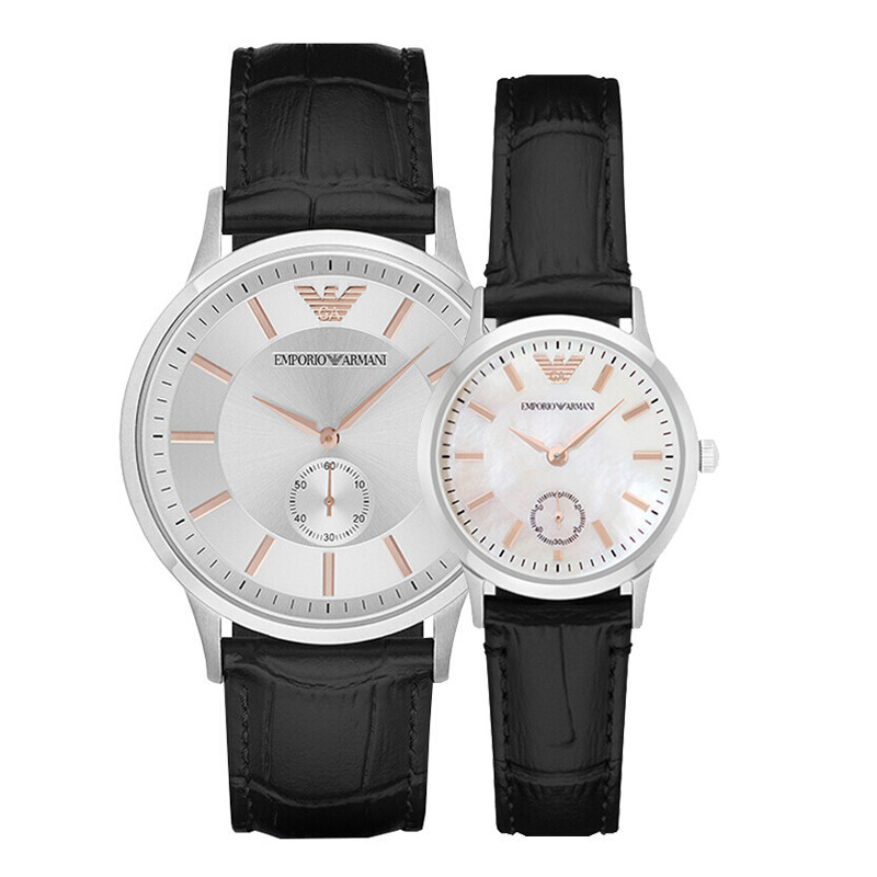 阿玛尼(EMPORIO ARMANI)手表 真皮革 精钢 表带 欧美经典时尚商务休闲皮质表带 石英表 情侣 _703 AR9113(情侣对表)