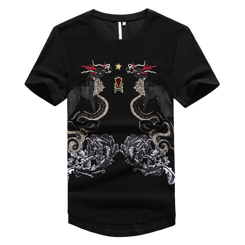 CREAZIONI男装上衣 纯棉圆领龙图腾刺绣款短袖T恤男 2018新品百搭款 XXL 黑色