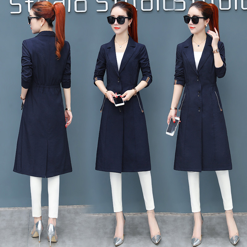 千仙仙韩版早秋中长款外套潮春秋装2018新款女装小个子上衣过膝薄款风衣 M 藏青色