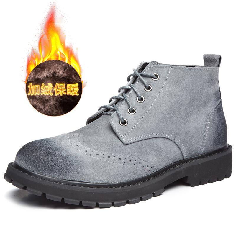 法国品牌芭步仕(Burbupps)2018秋尚新中帮马丁靴男潮保暖高帮工装男皮靴英伦真皮加 灰色-加绒 42码