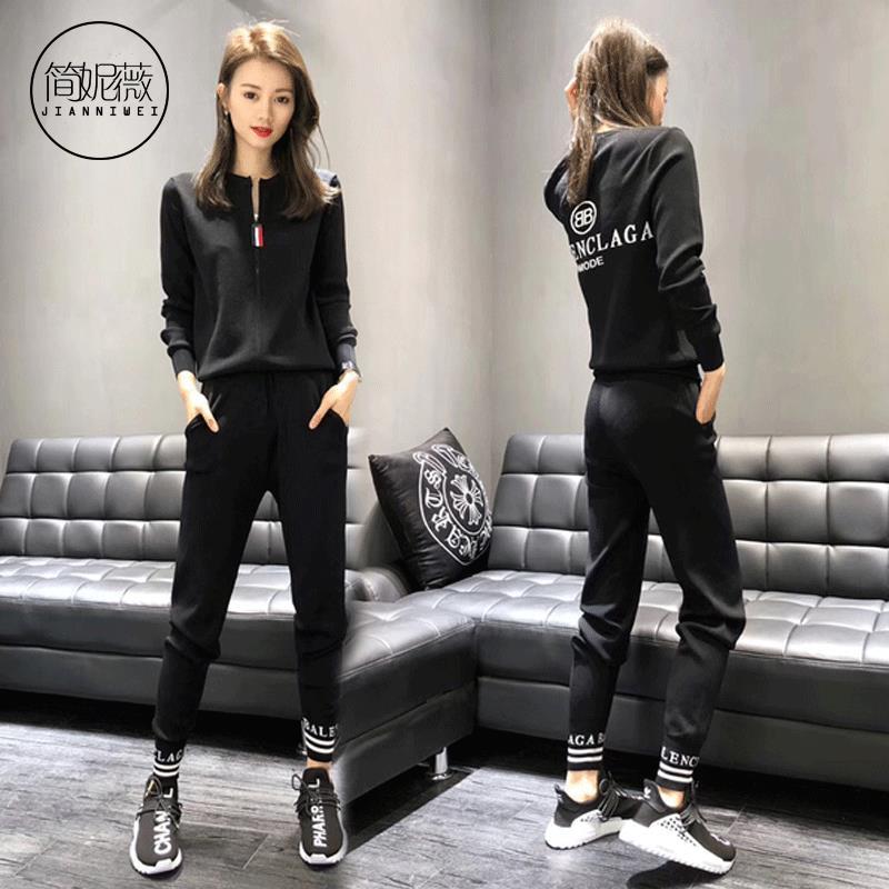简妮薇(JIANNIWEI)休闲运动服套装女士2018秋季新款韩版修身显瘦长袖长裤两件套 747黑色 L