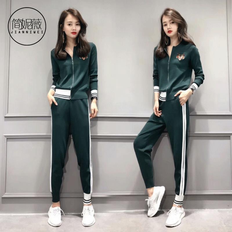 简妮薇(JIANNIWEI)休闲运动服套装女士2018秋季新款韩版修身显瘦长袖长裤两件套 6675墨绿色 L