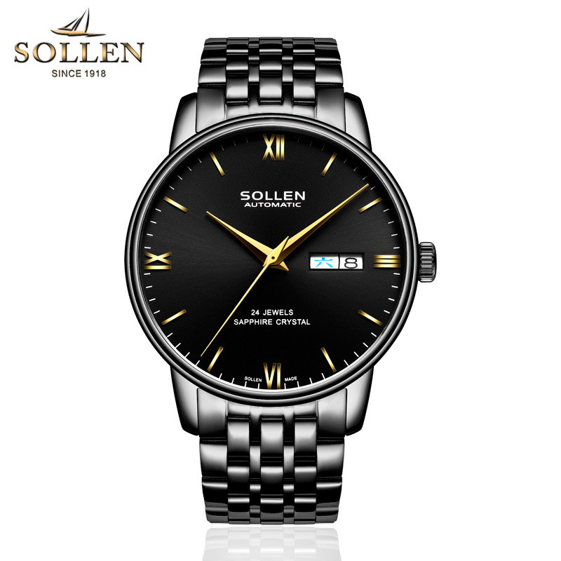 SOLLEN 梭伦正品全自动机械表太阳纹防水手表男士时尚品质精钢机械表 钢带全黑