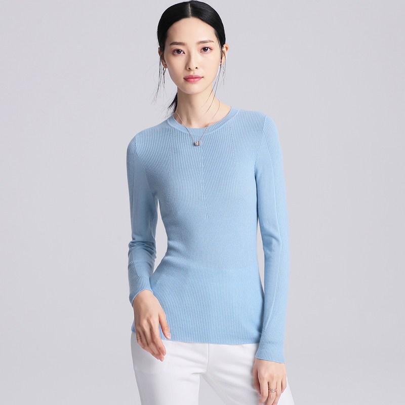 恒源祥薄款羊绒衫女精纺2018秋冬装纯羊绒修身针织打底衫圆领毛衣_1 160/84A 浅兰