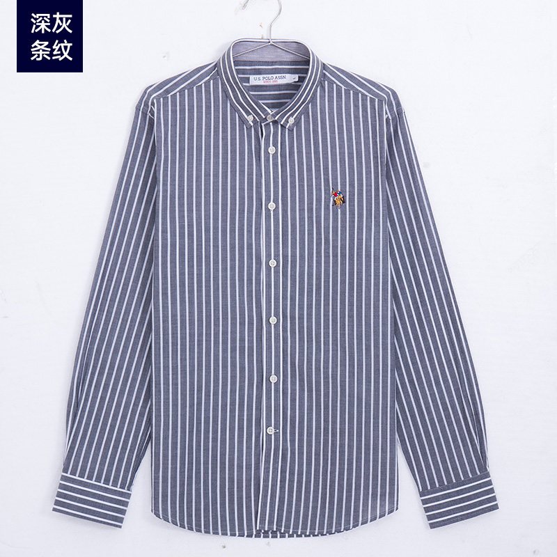 U.S.POLOASSN.男条纹长袖衬衣纯棉修身商务休闲正装上班衬衫 XL/180 深灰条纹