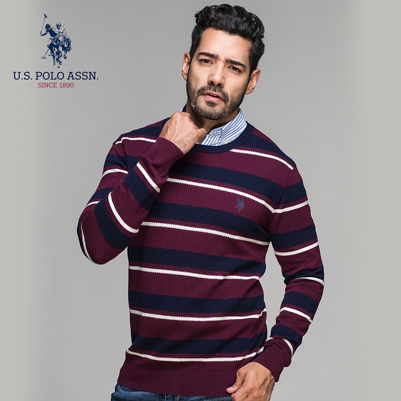 U.S.POLOASSN.男士毛衣外套潮流针织衫休闲条纹套头羊毛衫 S/165 暗红色条纹