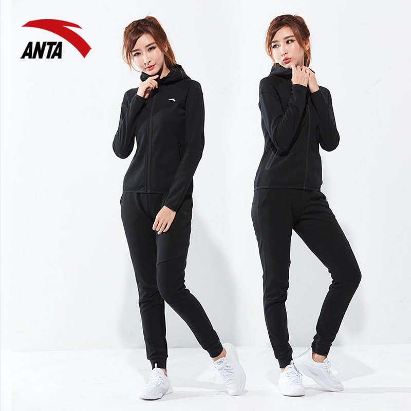 安踏运动套装女2018秋季新款跑步运动服正品休闲跑步两件套瑜伽服 165/88A(M) 黑/黑