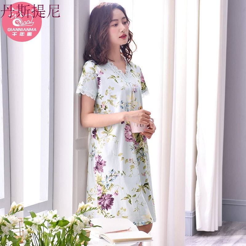 睡裙女夏季短袖纯棉睡衣夏天薄款妈妈宽松大码全棉质家居服中裙子_9 M 兰色