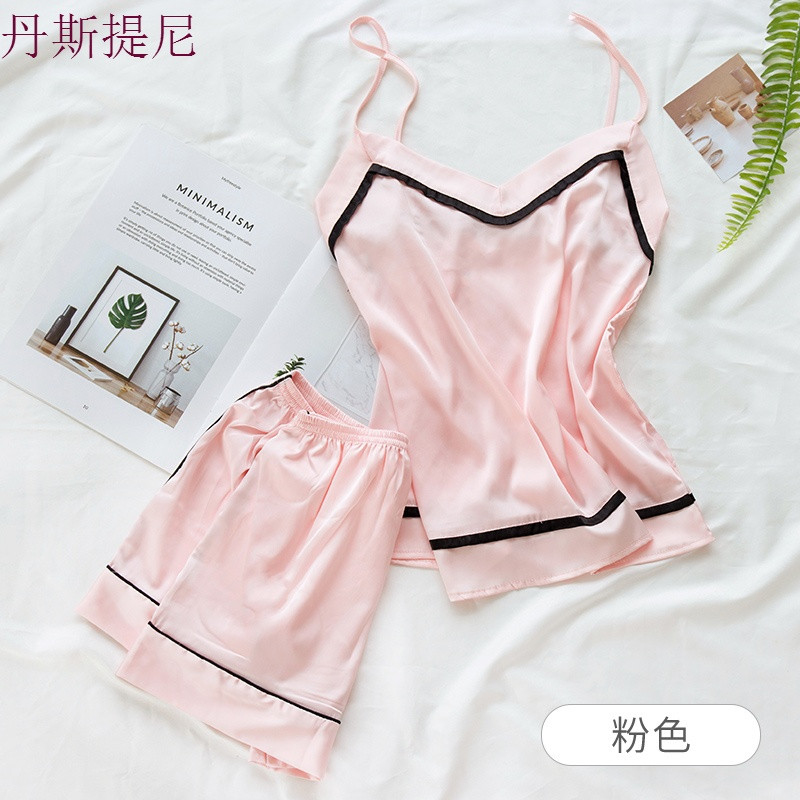 睡衣女夏冰丝套装薄款带短裤两件套韩版清新学生家居服女士莓 M(建议80-110斤) 粉色