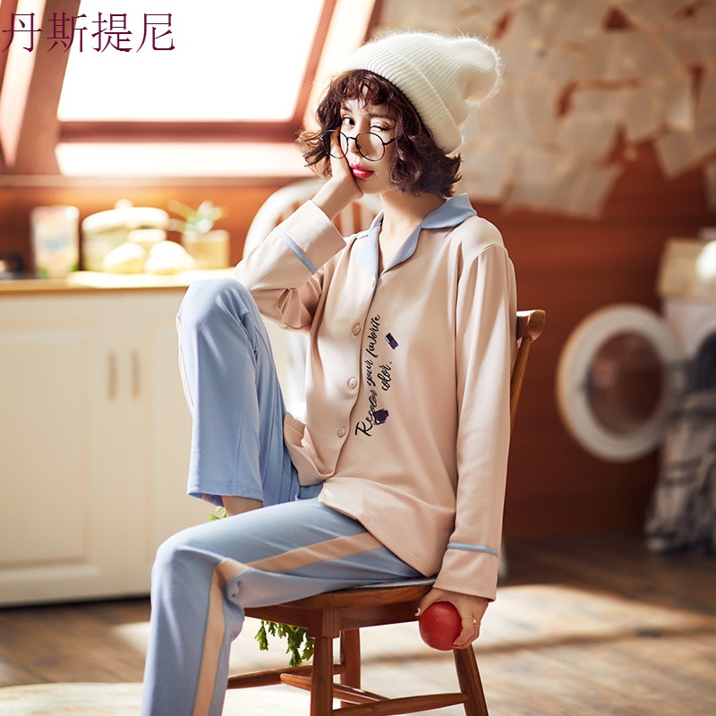 睡衣女秋纯棉韩版长袖开衫可外穿春秋季家居服女夏套装薄款公主风 M 简单字母