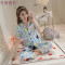 冰丝睡衣女夏季短袖长裤加肥加大码胖mm200斤夏天真丝家居服套装_3 5XL（180-205斤） 布朗熊短长