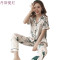 冰丝睡衣女夏季短袖长裤加肥加大码胖mm200斤夏天真丝家居服套装_3 5XL（180-205斤） 布朗熊短长