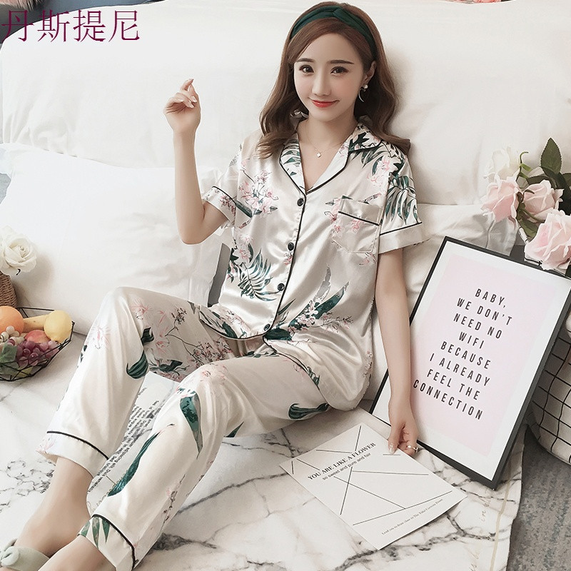 冰丝睡衣女夏季短袖长裤加肥加大码胖mm200斤夏天真丝家居服套装_3 L（100-115斤） 白兰花短长