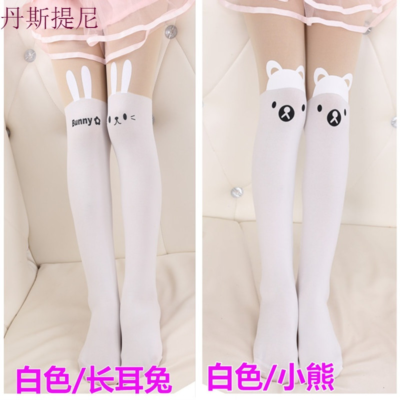 女童打底裤袜春秋季儿童连裤袜小女孩连体丝袜子夏薄款46810岁 小码适合96-115CM 白色长耳兔+白色小熊