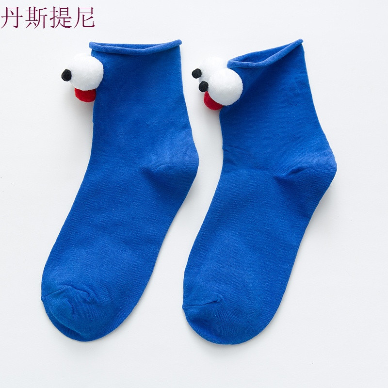 ins抖音立体大眼睛袜子女春秋款3d短袜可爱搞怪卡通中筒袜长袜潮 眼睛在前 宝蓝色3双