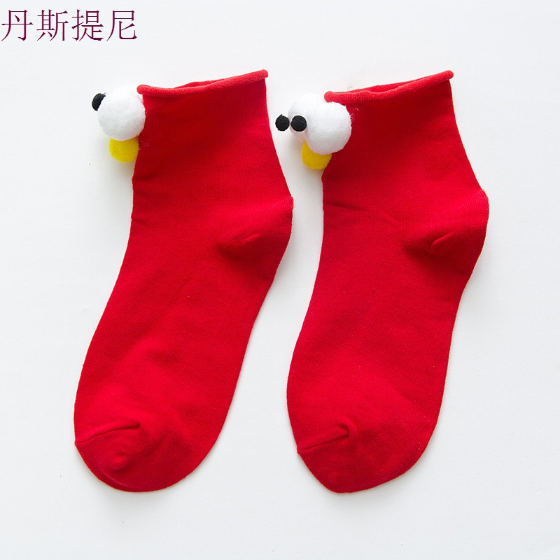 ins抖音立体大眼睛袜子女春秋款3d短袜可爱搞怪卡通中筒袜长袜潮 眼睛在前 大红色3双
