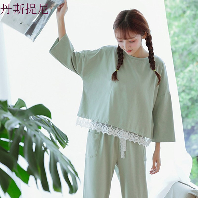 睡衣女秋季长袖两件套韩版清新学生薄款卡通宽松春秋套装家居服萌_2 XL 绿色绿花边