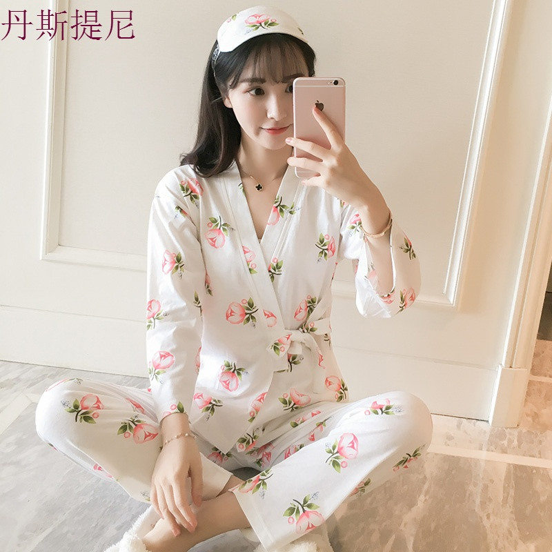 睡衣女春秋季和服青瓜长袖纯棉两件套装韩版清新学生大码冬家居服_1_7 L FZ#663白色（送眼罩）
