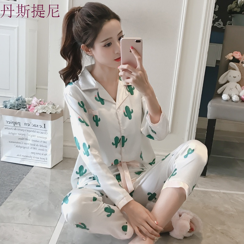 睡衣女秋冰丝长袖长裤性感丝绸翻领开衫韩版清新学生两件套家居服 M码建议【80-95斤】 142【白色】