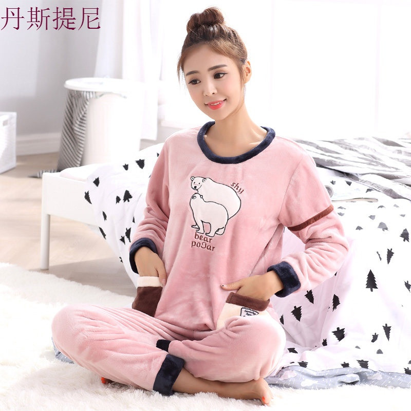 睡衣女冬加绒加厚珊瑚绒保暖可爱冬秋季长袖女士法兰绒家居服套装 M（80-100斤） 66109女