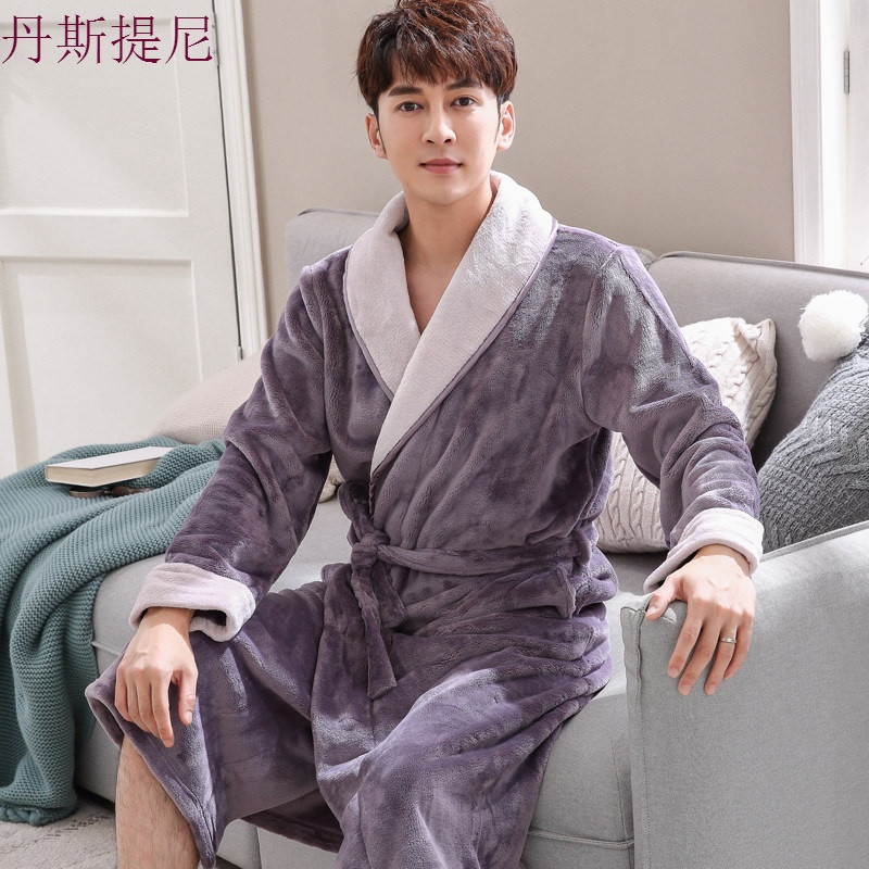 秋冬季情侣睡袍女冬珊瑚绒浴袍男睡衣法兰绒浴袍女浴衣大码家居服_22_4_0 M 新灰紫拼色睡袍男