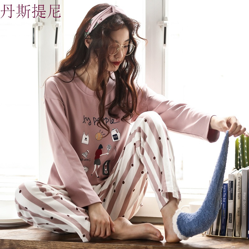睡衣女秋长袖纯棉可爱韩版可外穿女士全棉套装春天少女家居服春秋_1_5 XXXL(体重150-165斤) AM5655