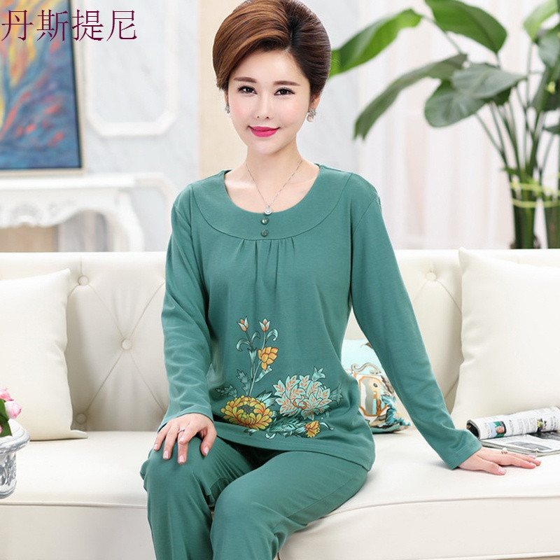 春秋季女中老年妈妈款纯棉长袖睡衣宽松加大码中年女士家居服套装_4 M【推荐70-100斤】 801