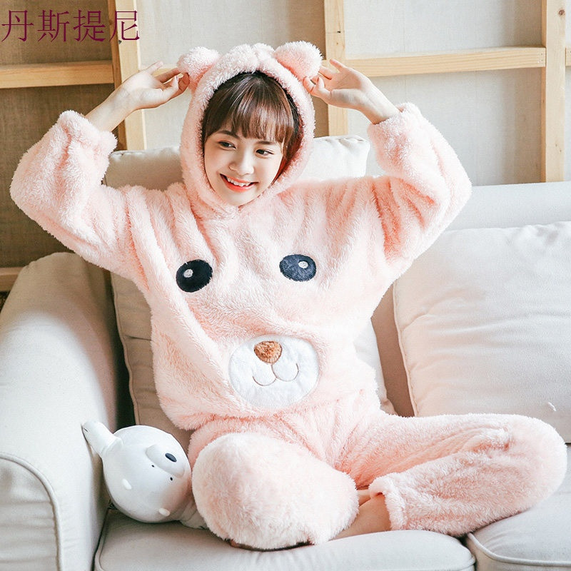 珊瑚绒睡衣女秋冬长袖加厚保暖法兰绒冬季韩版甜美可爱家居服套装_6_4 L码（适合100-120斤） #1084可爱小熊