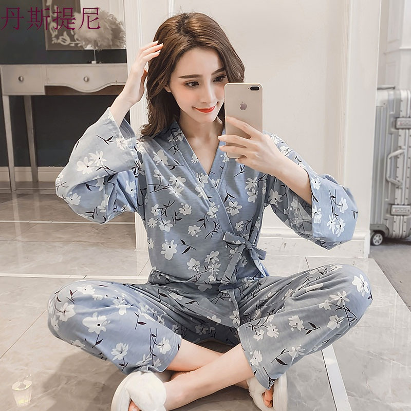 日式和服睡衣女夏季纯棉短长袖甜美可爱春秋家居服套装宽松可外穿 L E深蓝小花