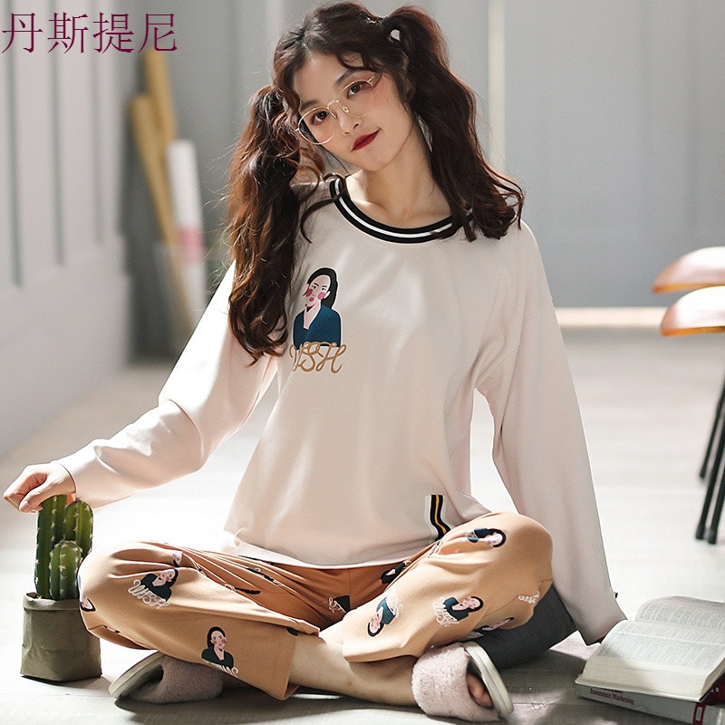 春秋季纯棉女睡衣韩版清新学生宽松长袖全棉秋冬家居服套装可外穿_1 女M现货155-160CM体重85-105 A5671