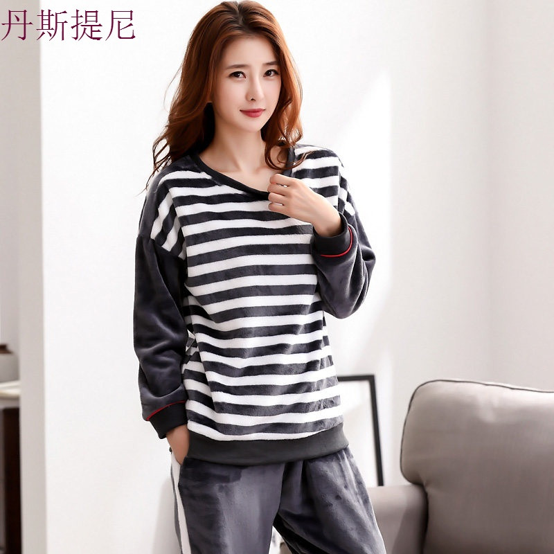 珊瑚绒睡衣女冬季加厚加绒秋冬款法兰绒情侣家居服套装长袖睡衣男_9 XXXL码【加厚法兰绒】 B9011女士【黑色】