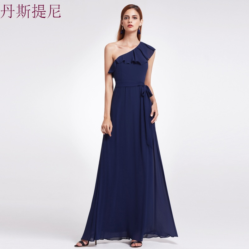2018秋新款伴娘服单肩姐妹团长裙晚宴聚会大码礼服裙 M 深蓝色