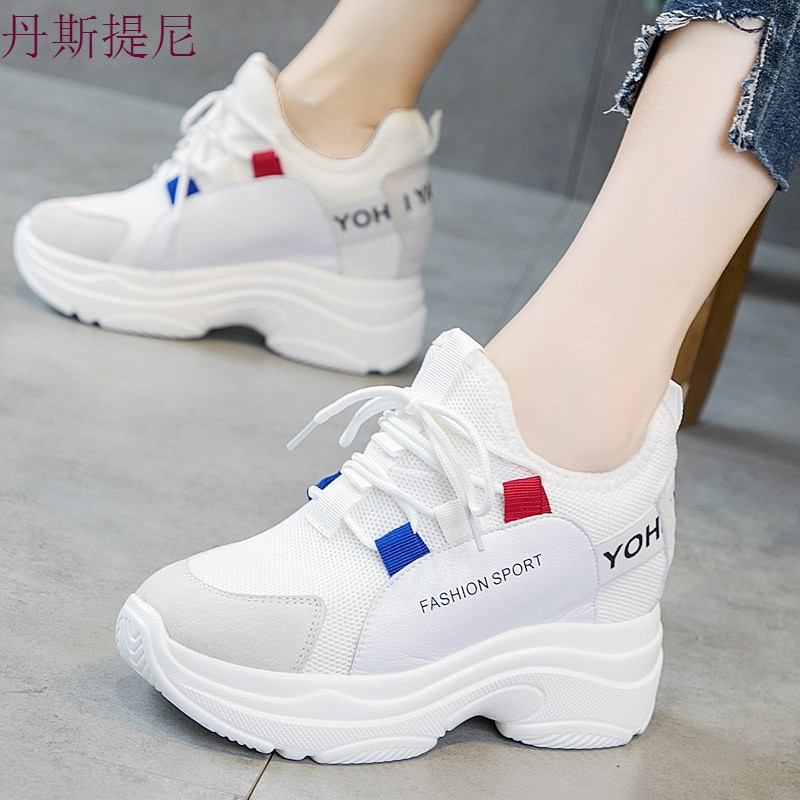 网红小白鞋2018新款秋季内增高女鞋运动鞋休闲厚底老爹鞋女百搭 磨砂白色 38