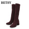BETSY BT9803-02 羊京布绒面高跟长筒靴子高筒女靴圆头粗跟方跟防水台 深紫色 39码