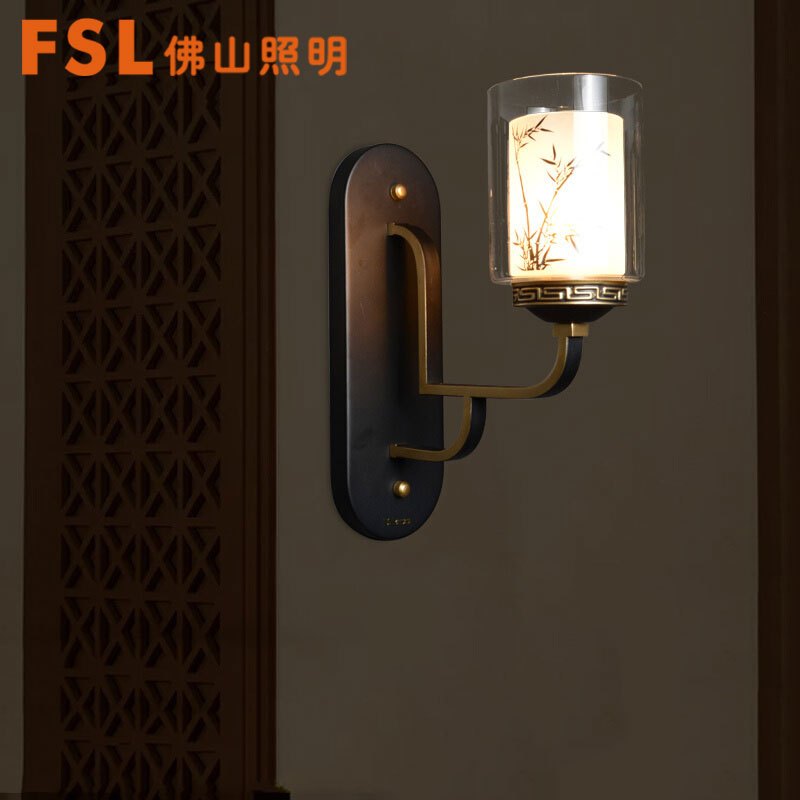 FSL佛山照明LED壁灯新中式壁灯卧室床头灯现代简约书房灯过道灯走廊阳台玻璃灯具灯饰 云栖竹径-130*400mm-1头
