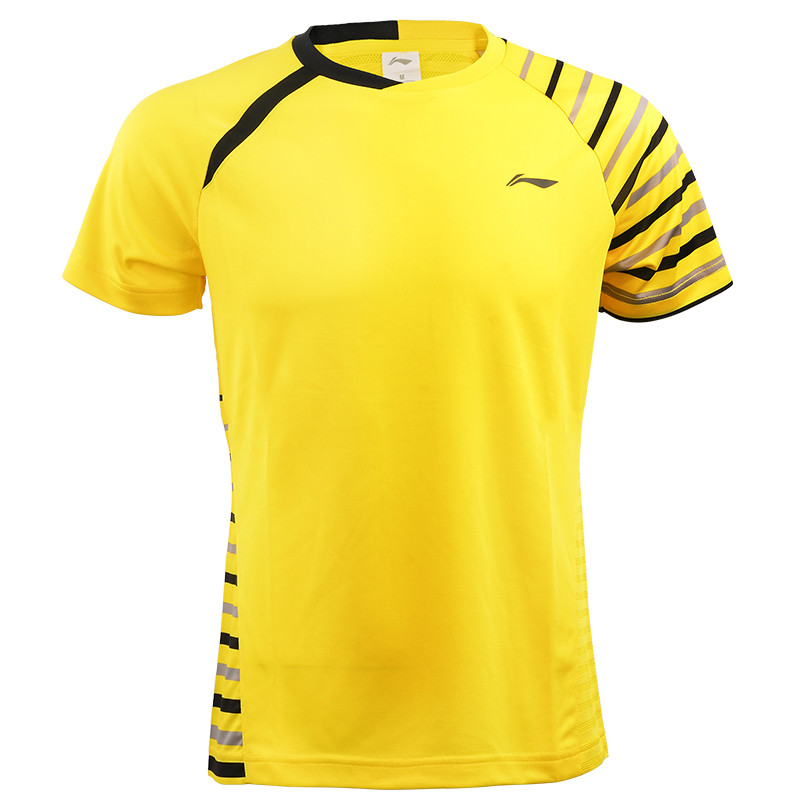 李宁（LI-NING）圆领羽毛球服吸汗速干男款运动短袖T恤 黄色款 AAYL117 XL 黄色