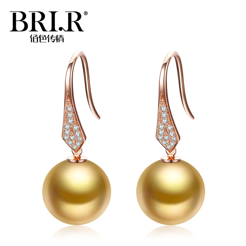 BRIR 10-11mm正圆南洋金珠耳钉18K金钻石轻奢时尚海水珍珠耳饰耳环 BHE023 金色