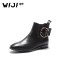 WIJI2018冬季新款时尚休闲纯色女靴环扣设计透气舒适个性方头女靴_1 黑色 37