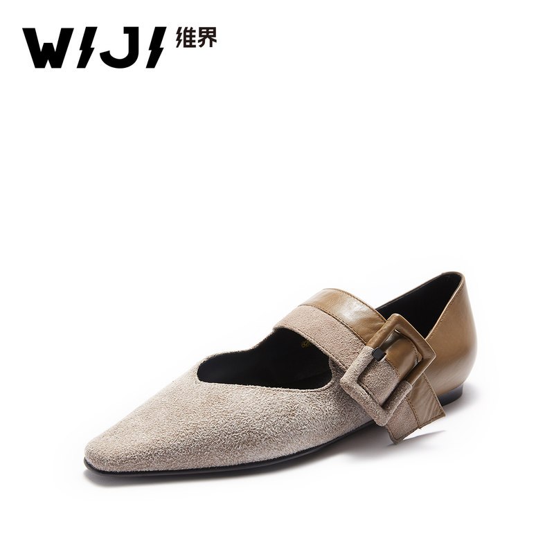 WIJI秋冬季新款时尚尖头V型鞋口平底鞋个性低帮单鞋优雅女鞋子潮_1 杏色 38